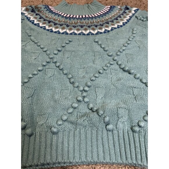 Vintage Fair Isle Green Sweater Pompom Cozy Cabin Cottagecore Fall Autumn S - Picture 5 of 7